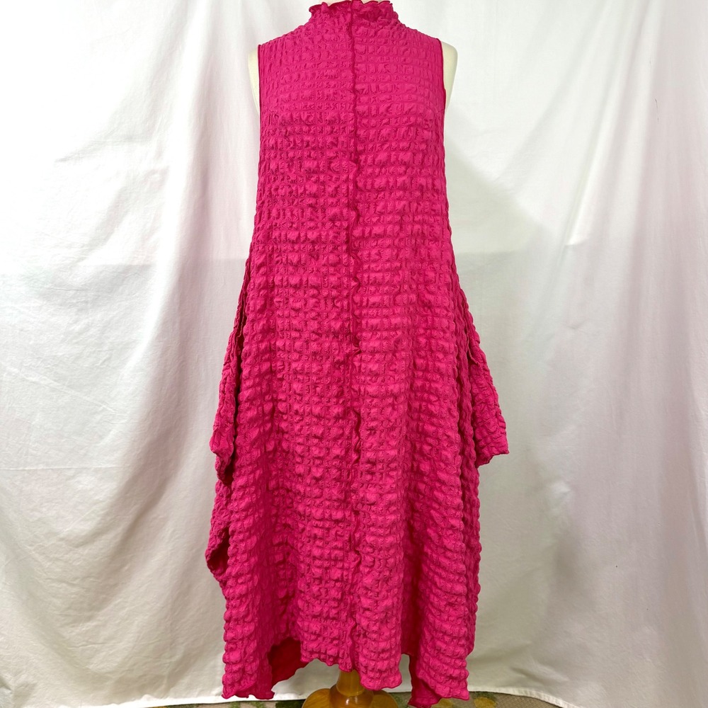 IC COLLECTION Pink Bubble Check Dress Mock Neck Womens S Pockets Textured Swing